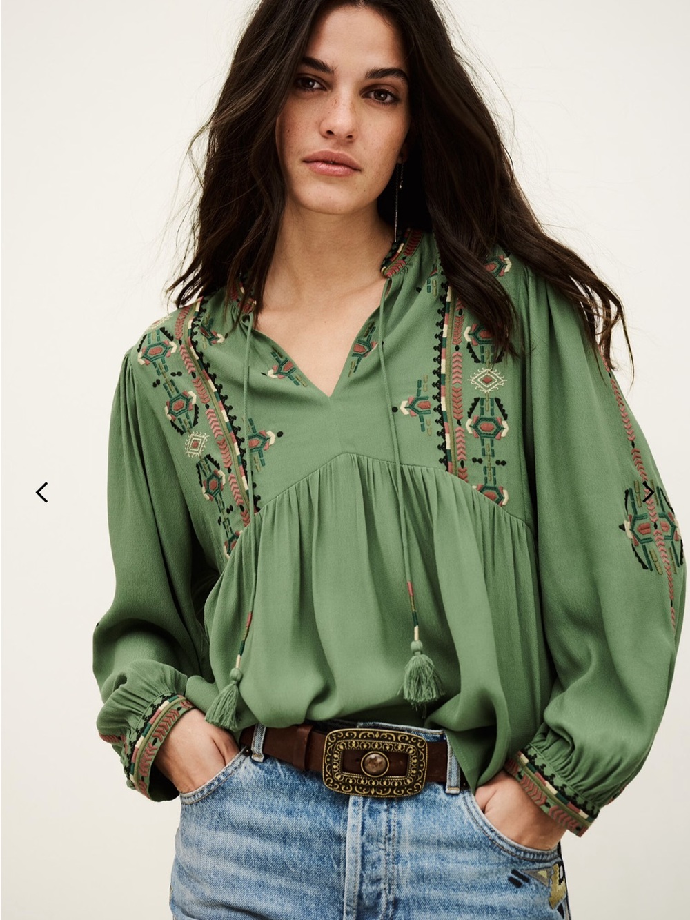 ba&sh Olive Green Embroidered Peasant Blouse